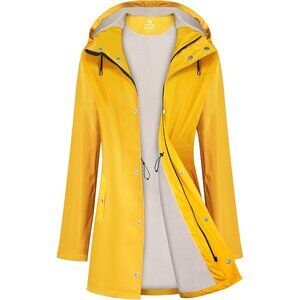 Women Yellow Fleece Long Hooded Waterproof Rain Windbreaker Trench Coat Outdoor